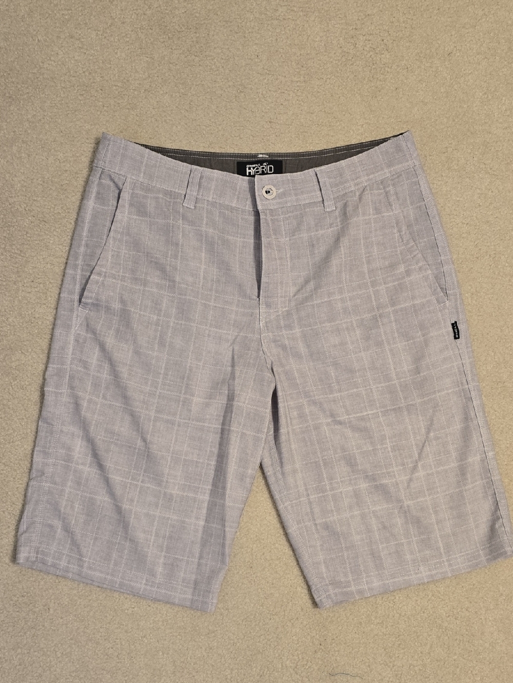 Oneill Hybrid Light Gray Plaid Men’s Flat Front Board Shorts Size 33